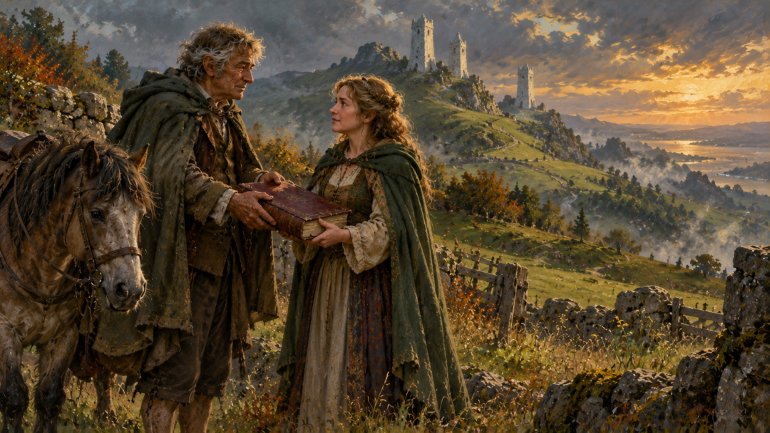 Samwise Gamgee giving the Red Book to his daughter Elanor during their final meeting at the Tower Hills.