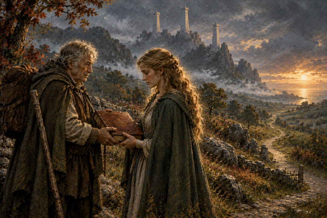 Elderly Samwise entrusting the Red Book to Elanor near the Tower Hills before his final journey west