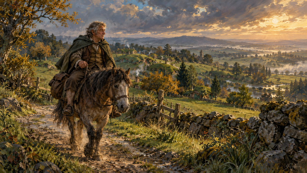Elderly Samwise Gamgee riding west from Bag End on his final journey toward the Tower Hills.