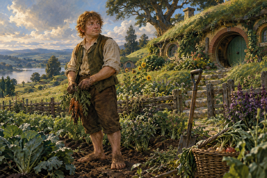Samwise Gamgee working as a young hobbit gardener beside the green hillside of Bag End in the Shire.