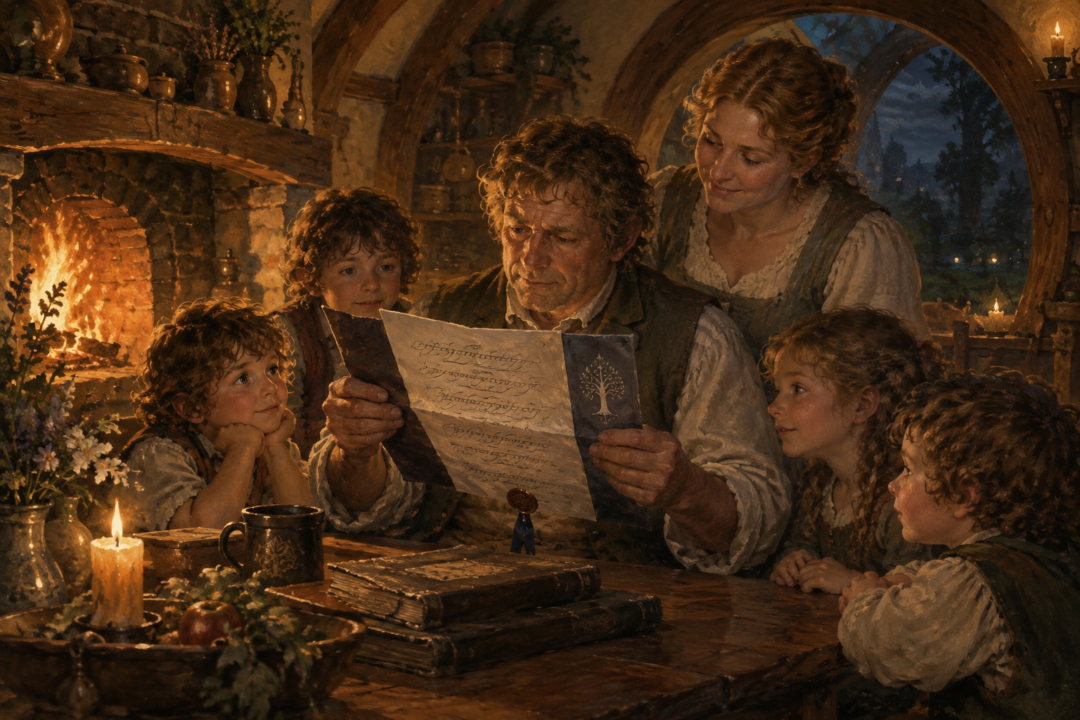 Samwise Gamgee examines the King’s Letter with Rose and their children inside Bag End.