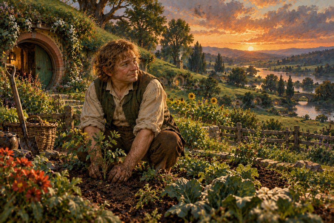 An older Samwise Gamgee tending the renewed gardens of the Shire after returning from the War of the Ring.