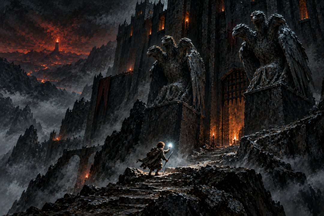 Samwise approaches the gate and Watchers of Cirith Ungol carrying Sting and the Phial of Galadriel.