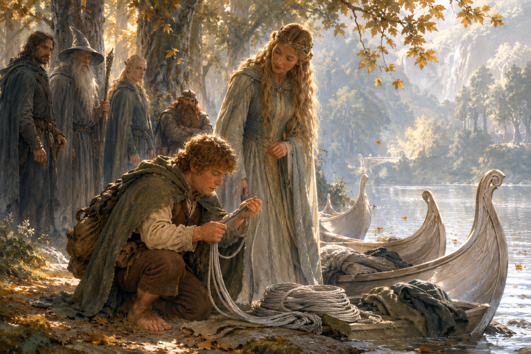 Samwise Gamgee examining a coil of grey hithlain rope beside the Elven boats in Lothlórien