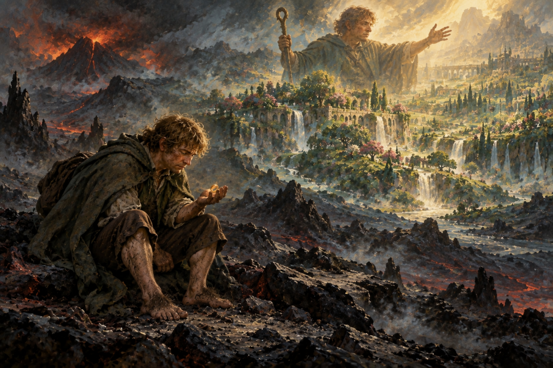 Samwise in Mordor confronting the Ring's temptation through a vision of himself transforming the barren land into a vast garden.
