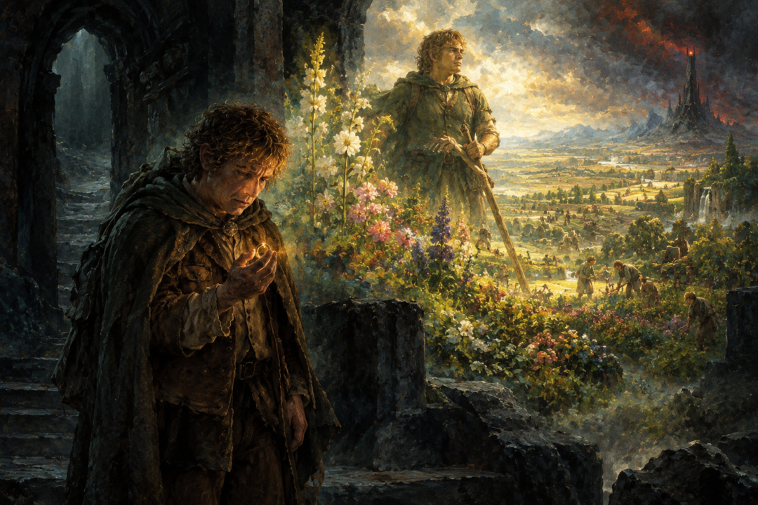 Samwise bears the One Ring near Cirith Ungol as it tempts him with visions of power and a vast garden.