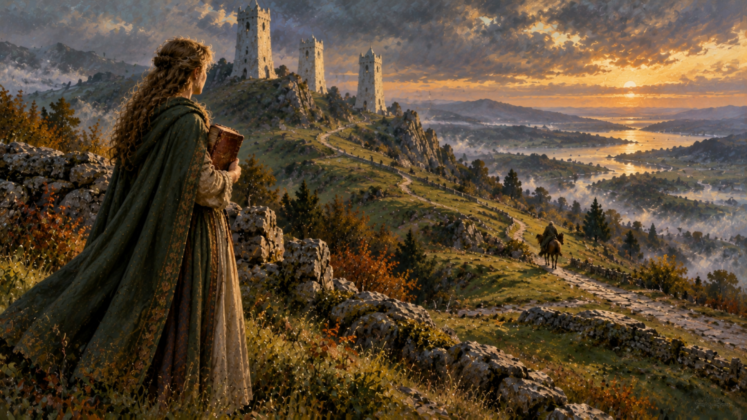Elanor holding the Red Book as Samwise rides west beyond the Tower Hills on his final journey.