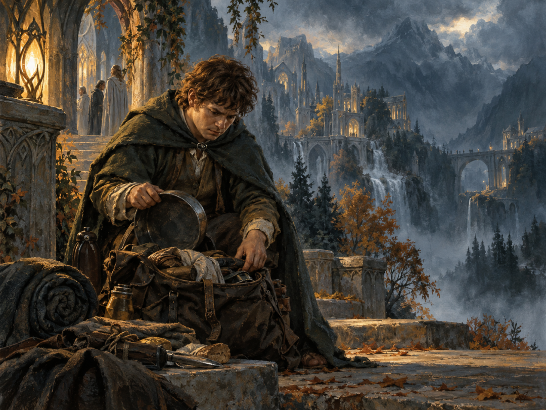 Samwise Gamgee checks his cooking gear and travelling supplies before leaving Rivendell.