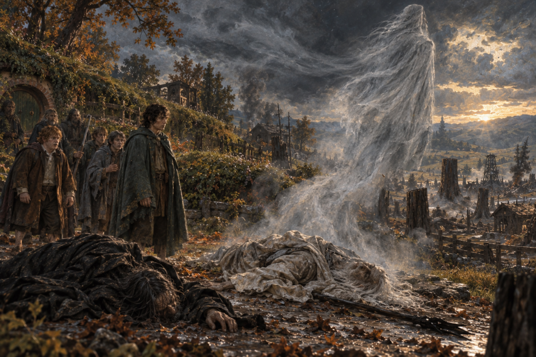 A pale grey mist rises from Saruman's withered body outside Bag End as a west wind disperses it.