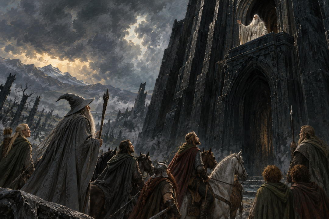 Saruman standing in Orthanc above the flooded ruins of Isengard after the destruction of his armies.