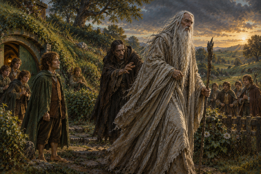Saruman, Gríma, Frodo, and nearby hobbits during the final confrontation outside Bag End after the Scouring of the Shire.