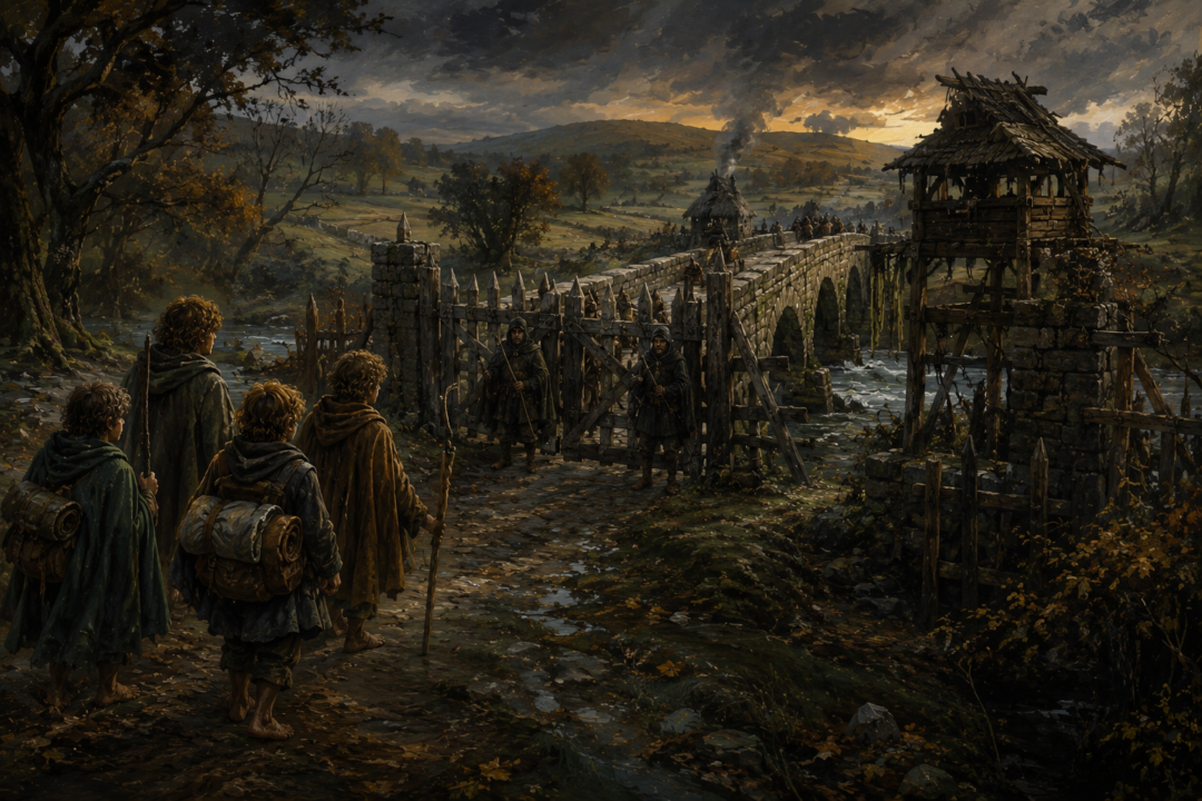 Frodo, Sam, Merry, and Pippin return to find crude gates blocking the Brandywine Bridge under Saruman's regime.