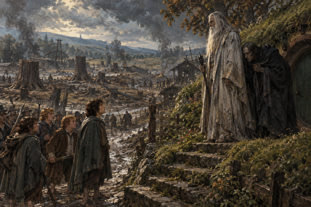 Saruman and Gríma confronted by Frodo and the hobbits outside Bag End after the Battle of Bywater.