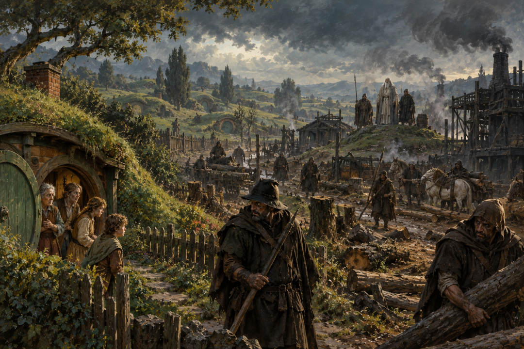Saruman and Gríma Wormtongue wandering a bleak road after leaving Orthanc, with Saruman still dominating his servant.