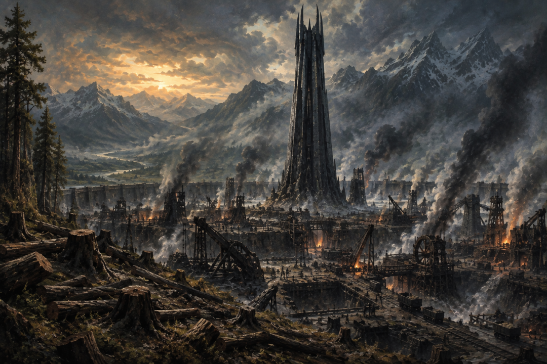 Ancient Orthanc towering above the furnaces, pits, machinery and scarred landscape of Saruman's Isengard
