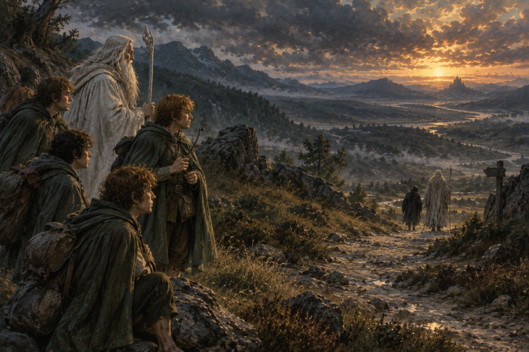 Saruman and Wormtongue walk north while Sam and the other hobbits watch them suspiciously from the road.