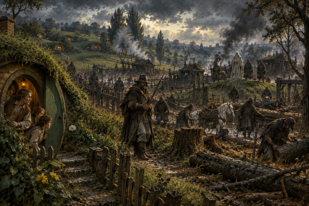Saruman's rule over the Shire through ruffians, restrictions, intimidation, and the destruction of its peaceful countryside.