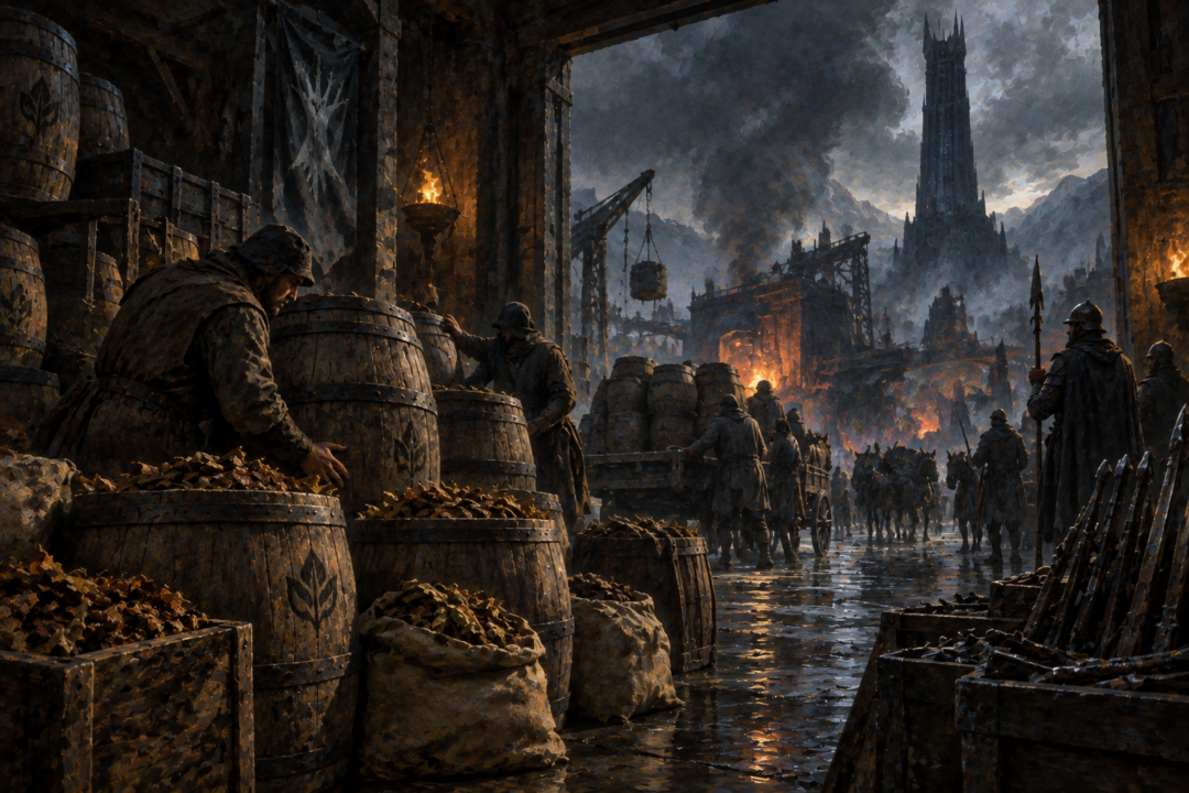 Rangers watch suspiciously as Saruman's travelling servants carry purchased supplies beyond the southern approaches to the Shire.