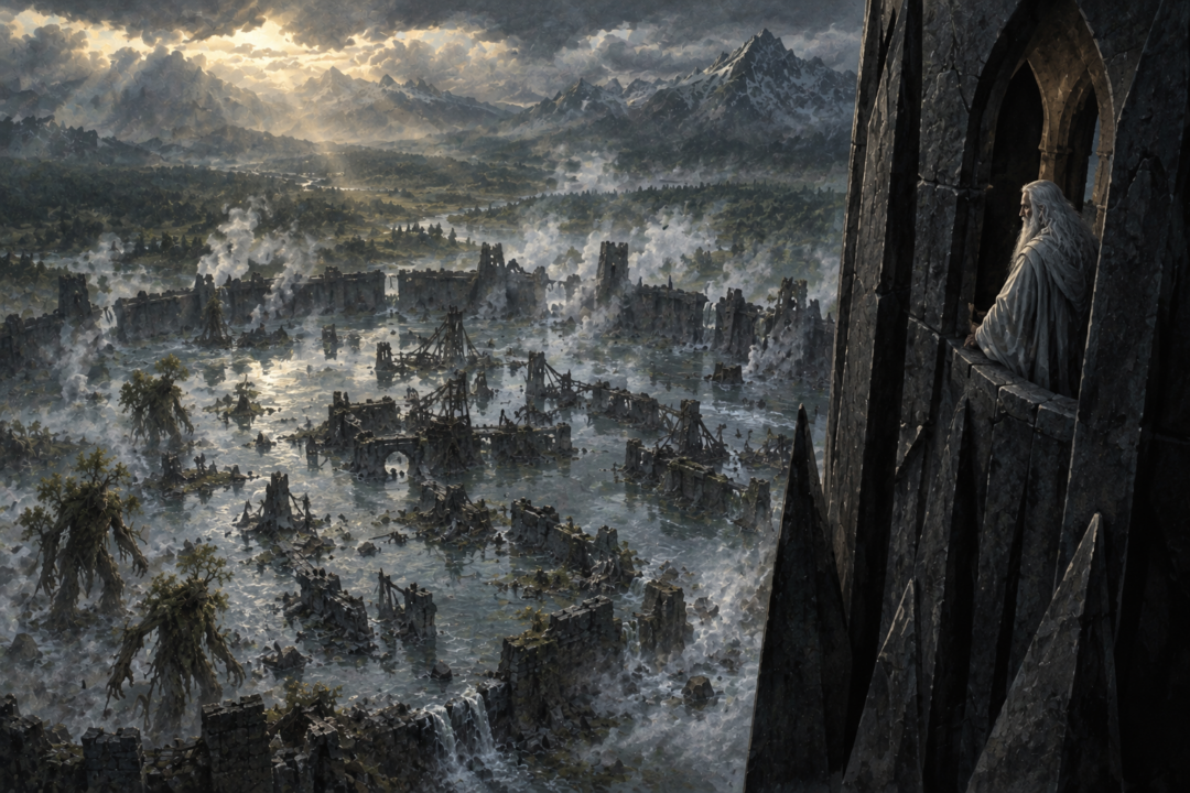 Saruman isolated inside Orthanc overlooking the flooded ruins of his defeated stronghold at Isengard