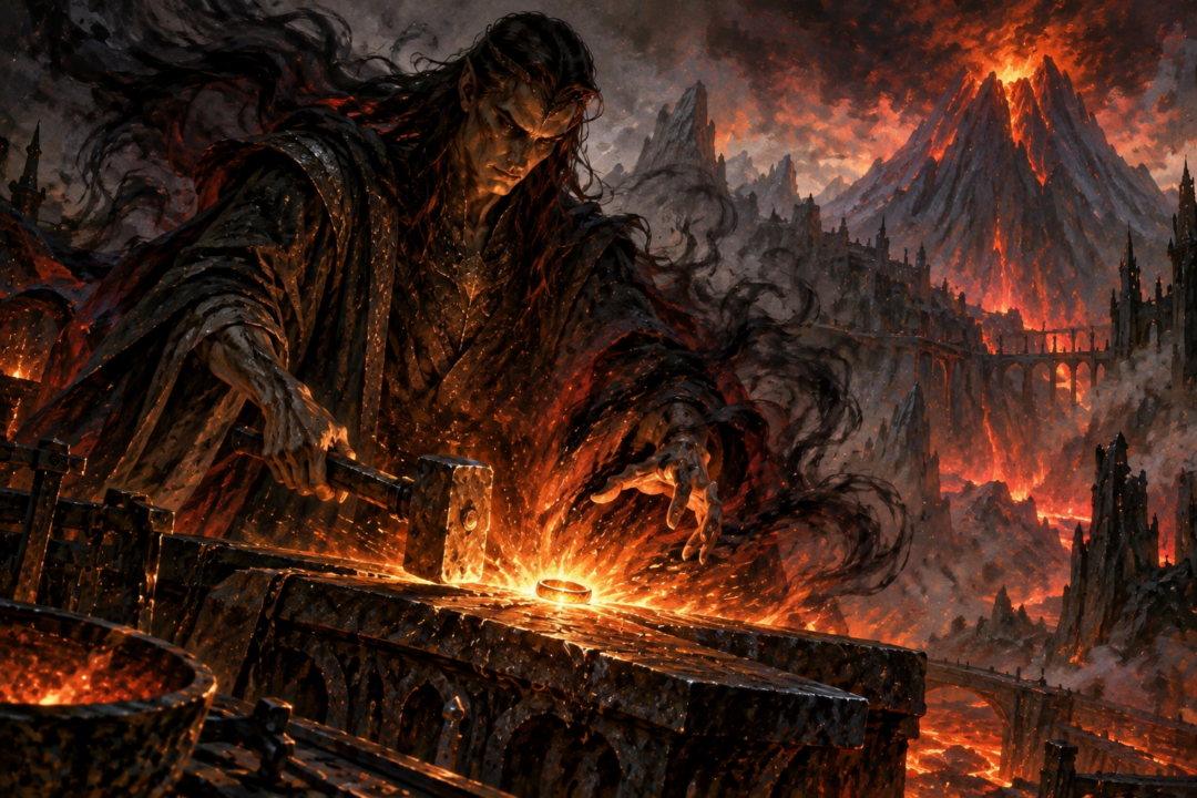 Sauron forges the plain golden One Ring in the fires of Orodruin while investing his power into it.