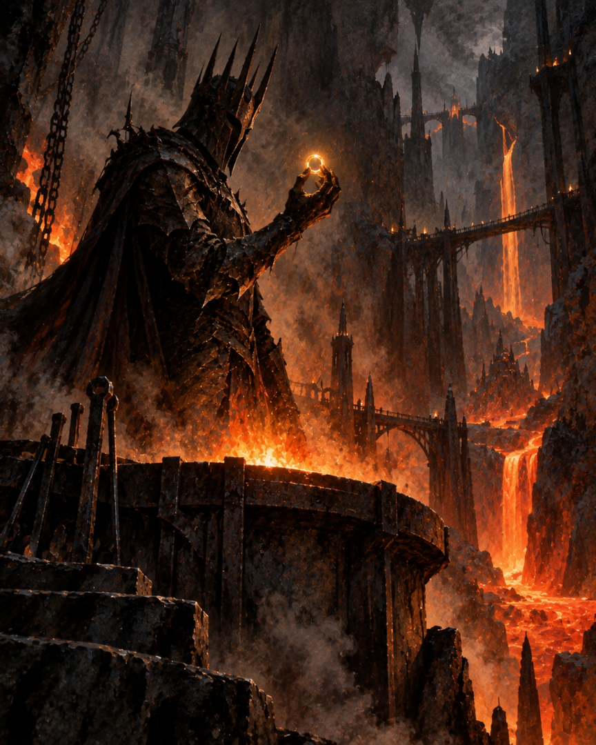 Sauron holds the newly forged One Ring above the fires of Mount Doom inside the volcanic Sammath Naur.
