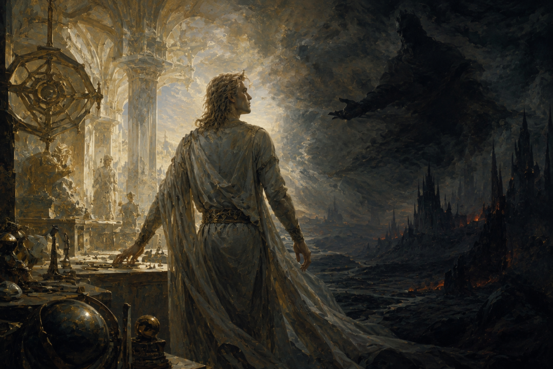 Sauron as an early Maia turning from an ordered workshop of Aulë toward the shadow of Melkor and the promise of greater power.