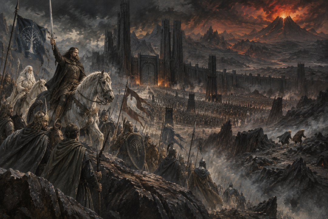 Sauron's armies focus on Aragorn outside the Black Gate while Frodo and Sam secretly approach Mount Doom inside Mordor.