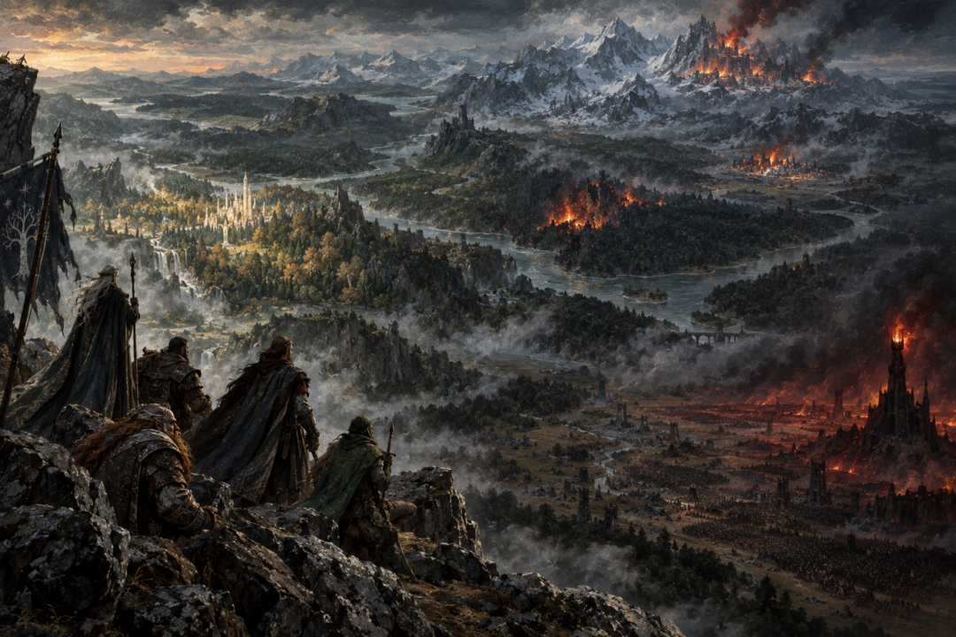 Mythic overview of simultaneous wars at Dale, Mirkwood, Lothlórien, and Gondor during the War of the Ring.