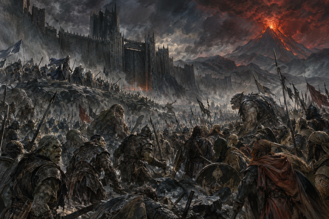 Sauron’s mixed army faltering at the Black Gate as his controlling will turns away from the battlefield
