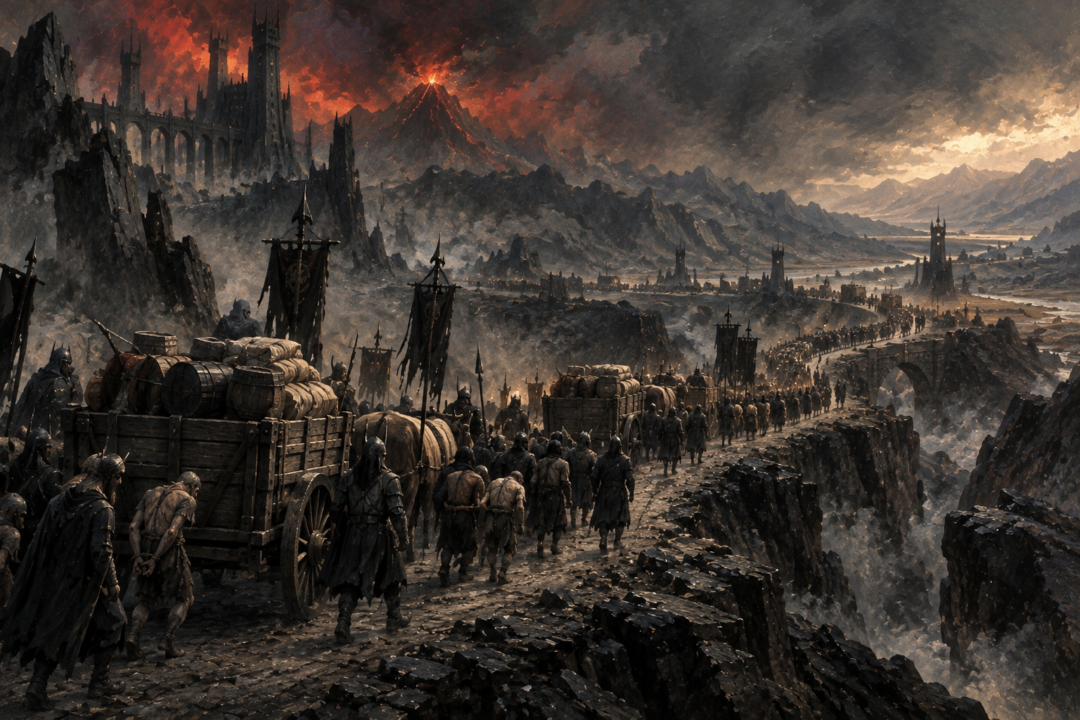 Wagon trains, soldiers and captives travelling along one of Sauron’s great supply roads into Mordor