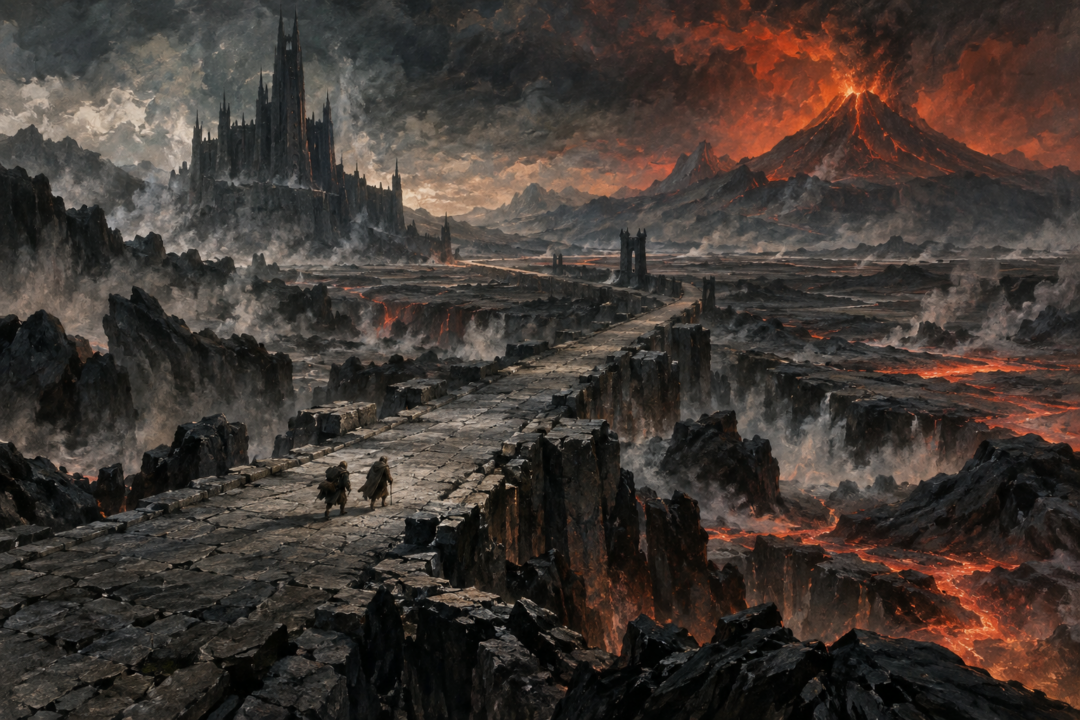 Sauron’s road crossing the Plateau of Gorgoroth toward Mount Doom as Frodo and Sam make their final approach