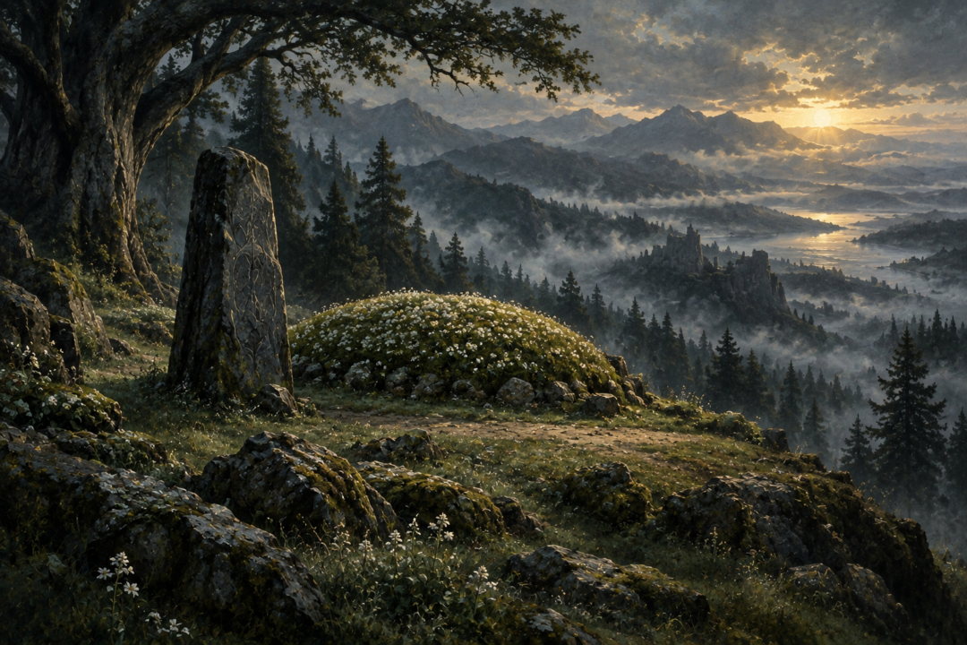The hidden mound of Elendil covered with white flowers in the silent clearing atop Amon Anwar.