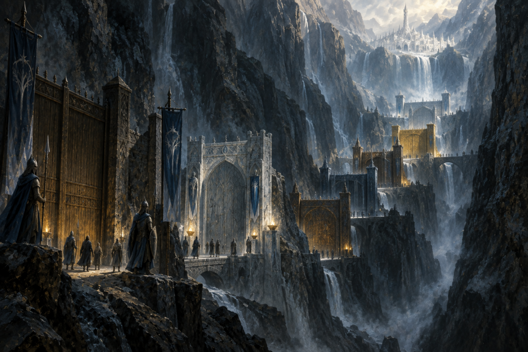 The guarded Seven Gates of Gondolin stretching through the narrow mountain pass of Orfalch Echor