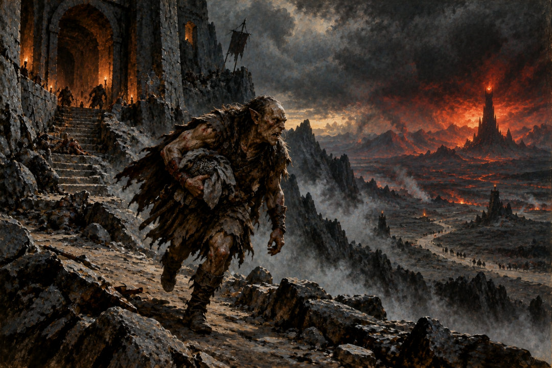 Wounded Shagrat carrying Frodo's possessions from Cirith Ungol toward Barad-dûr after the Orc fighting.