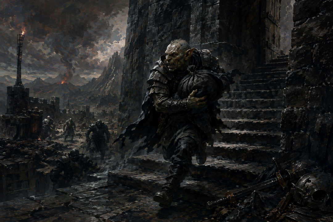 Shagrat escapes the Tower of Cirith Ungol carrying the bundle containing Frodo’s captured possessions.