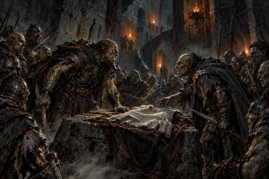 Shagrat and Gorbag confront each other over Frodo's mithril coat inside the Tower of Cirith Ungol.