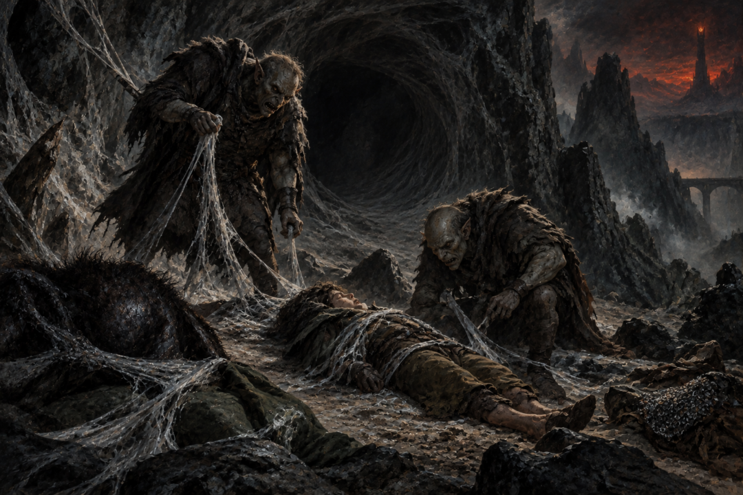 Shagrat and Gorbag examine the aftermath of Shelob's attack and infer that a powerful unknown warrior is loose.