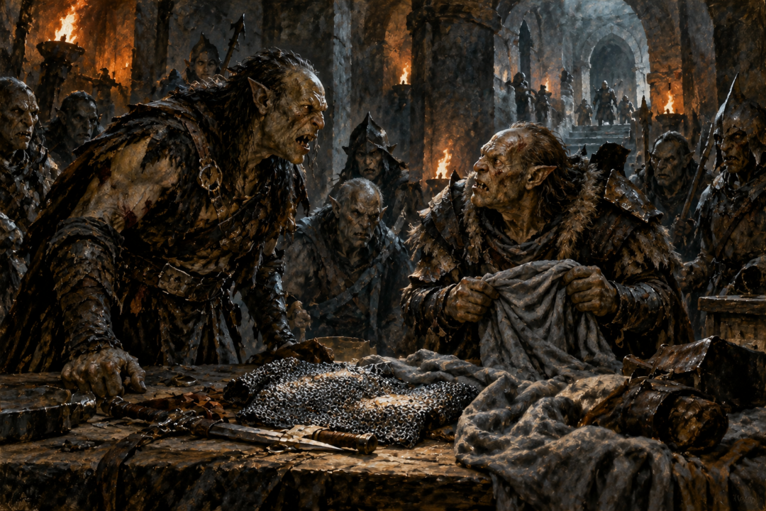 Shagrat and Gorbag arguing over Frodo's captured possessions inside the Tower of Cirith Ungol.