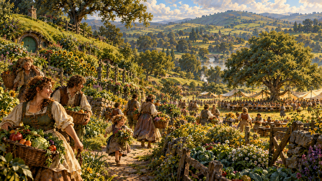 The flourishing Shire in S.R. 1420 as Hobbits gather for an abundant midsummer Overlithe celebration.