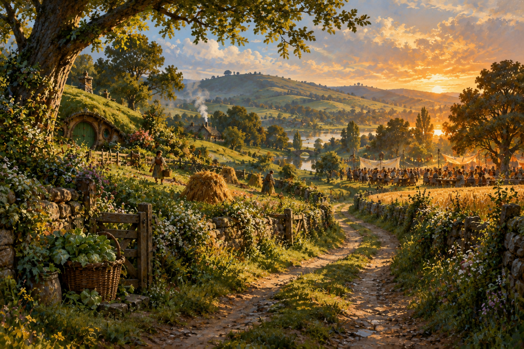 A peaceful Shire landscape at midsummer representing Overlithe as a special day outside ordinary weekly routine.