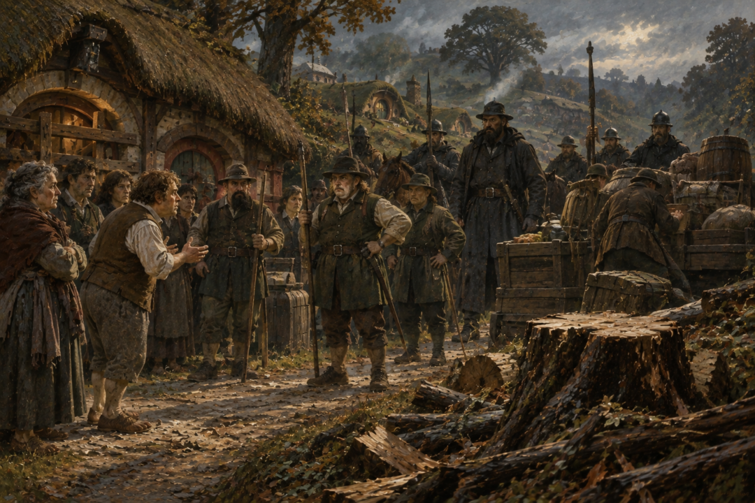 Hobbit Shirriffs enforcing Lotho's oppressive rule while foreign Men dominate the occupied Shire