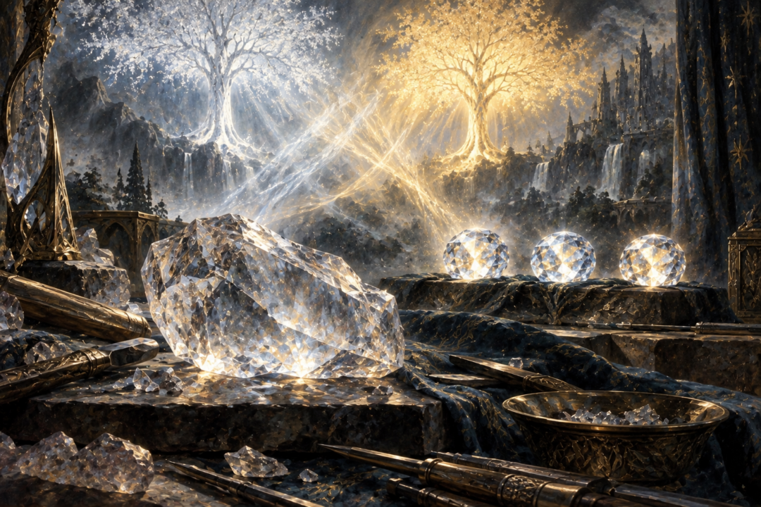 Mysterious silima crystal and mingled silver and golden light illustrating the unique materials of the Silmarils.