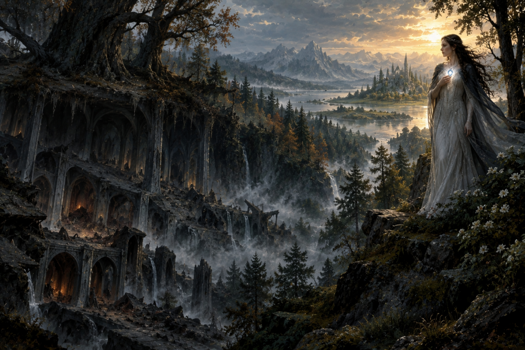 Lúthien wears the recovered Silmaril in Ossiriand while the wounded realm of Doriath lies far away.