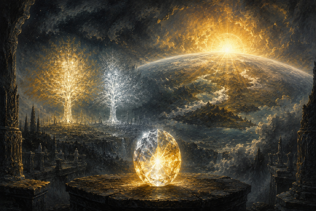 A radiant Silmaril before the Two Trees and an ancient Sun symbolizing the preservation of primordial light
