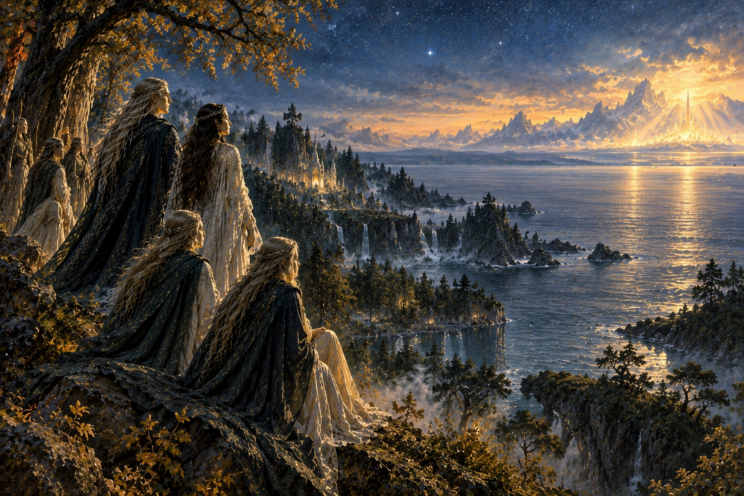 Sindar beneath the starlit trees of Beleriand with the distant West symbolizing Aman beyond the Sea.
