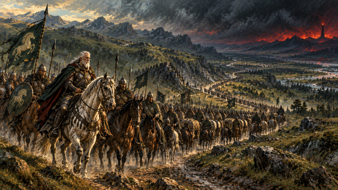 Six thousand Riders of Rohan travel east in a vast mounted column beneath the spreading darkness of Mordor.