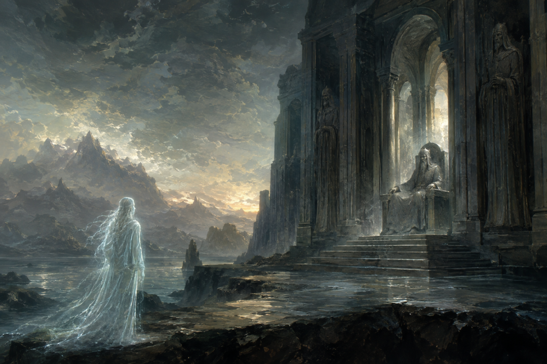 Spirit of a slain Elf arriving before the Halls of Mandos in Aman after death