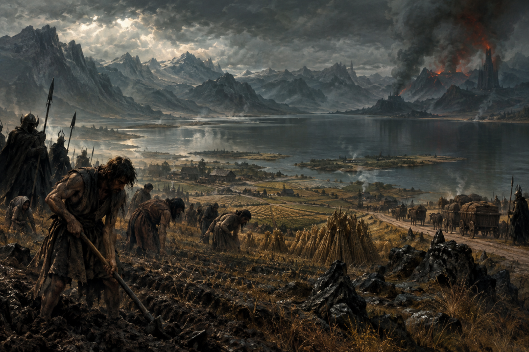 Slave-worked fields surrounding the dark inland Sea of Núrnen in southern Mordor during Sauron’s rule