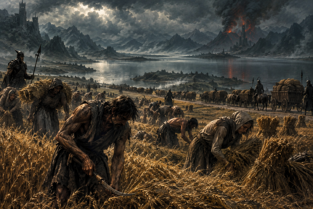 Enslaved workers farming the fertile lands beside Lake Núrnen to supply Sauron’s armies