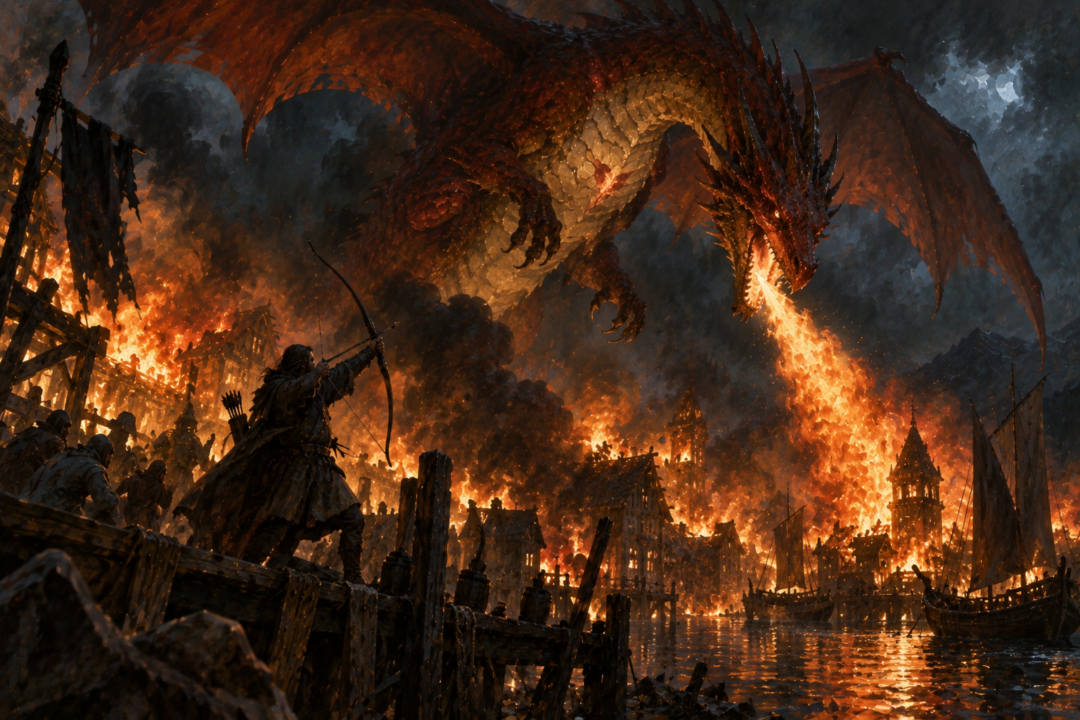 Smaug attacking Lake-town as Bard prepares to aim at the dragon's vulnerable bare patch